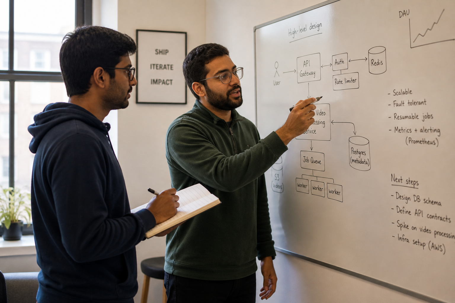 [AI IMAGE PROMPT: Two professionals reviewing each other's work at a desk, one explaining, one taking notes, casual modern environment, natural window light, candid, warm tones, diverse pair, genuine moment not staged]