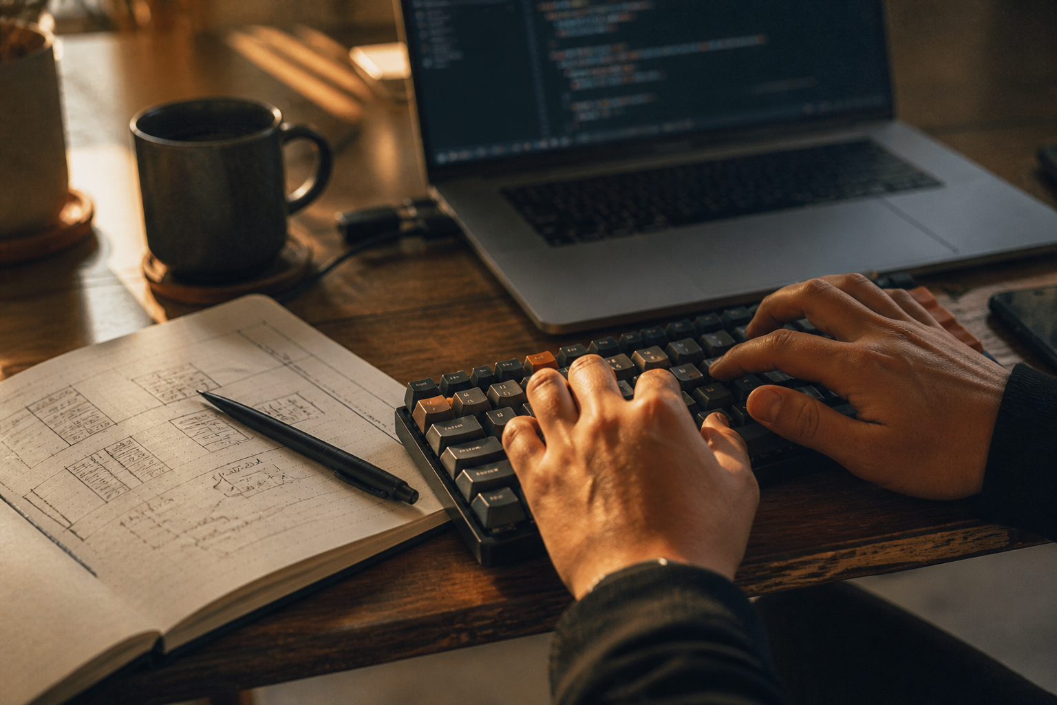 [AI IMAGE PROMPT: Close-up of hands on a laptop with a notebook of sketches beside it, warm golden afternoon light, editorial, human and real, tight crop, film grain]