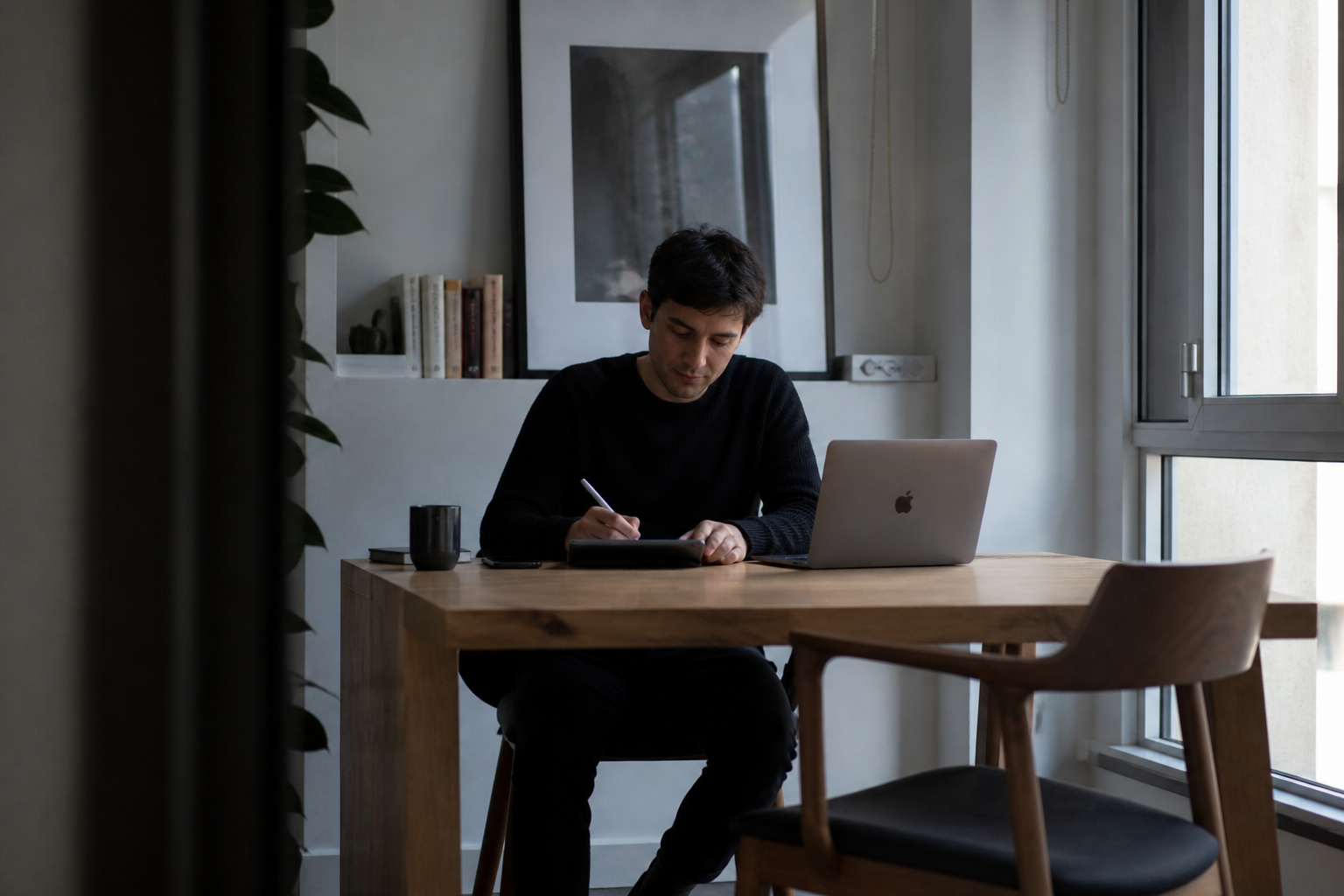 [AI IMAGE PROMPT: A person at a minimal wooden desk using a privacy-native app on their laptop, focused calm expression, cool morning light from a large window, editorial photography, wide shot, modern minimal home office, authentic not staged]