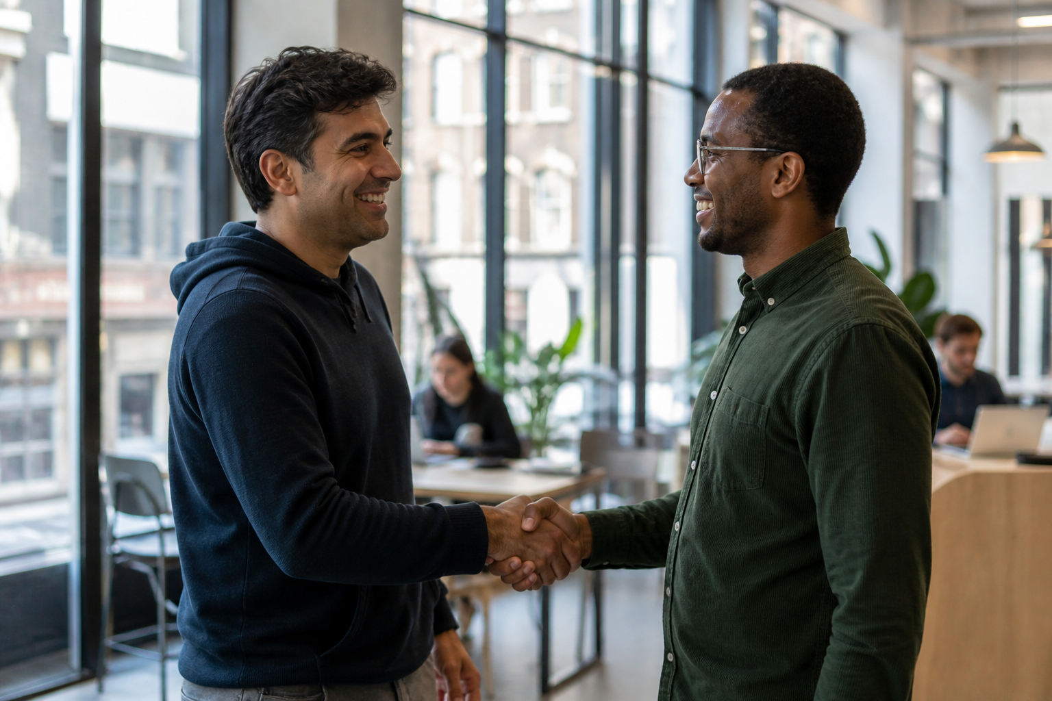 [AI IMAGE PROMPT: A user and a verified professional partner connecting warmly across a table, both smiling with quiet confidence, natural daylight, candid editorial moment, diverse pair, warm and optimistic tones, not stock photo cheesy]